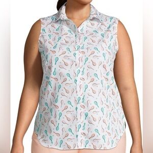 LANDS' END Supima No Iron Cotton TENNIS Pickleball Shirt - Size 26W Green Peach